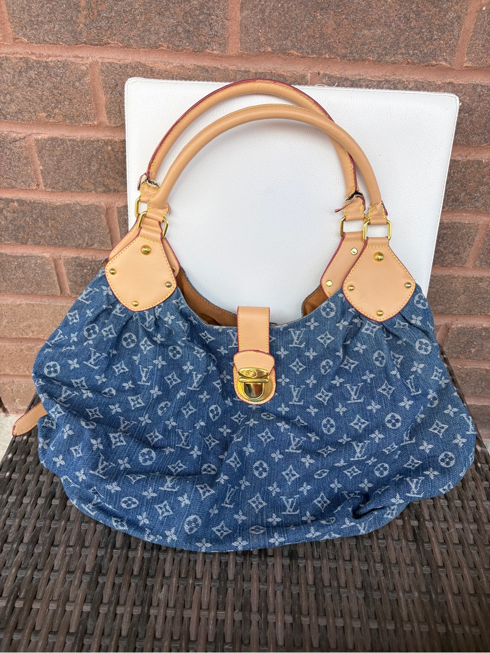 Blue Denim Monogram Shoulder Bag with Natural Leather Trim